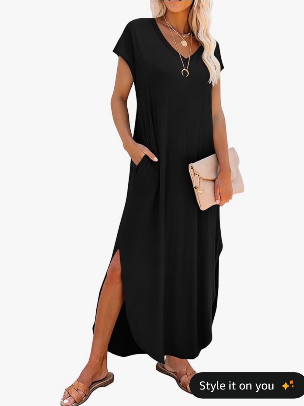 Black V-Neck Short Sleeve Maxi Dress with Side Slits